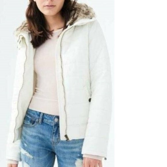 Womens Puffer Jacket Aeropostale White Small Hooded Fx Fur Quilted Winter Zip Up - Picture 1 of 8